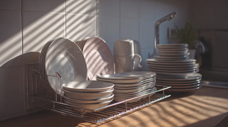 White plates dry on a dish rack by the sink, illuminated by soft morning light filtering through.の素材