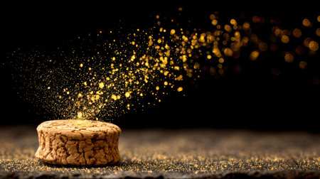 The cork from sparkling wine bursts open, sending golden particles into the air, creating a festive and elegant atmosphere filled with excitement.の素材