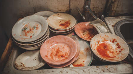 A close-up view of dirty plates in a sink, showing remnants of tomato sauce and water stains after cooking in a home kitchen.の素材