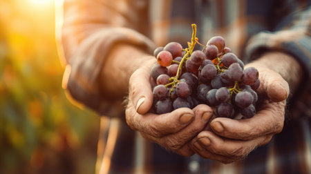 Farmer hands hold gently a lush cluster of ripe grapes under soft sunlight in a vineyard, showing the beauty of harvest.の素材