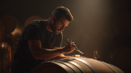 An artisan skillfully pours wine from a barrel using a wine thief pipette under warm cellar lighting. The atmosphere is intimate and inviting.の素材