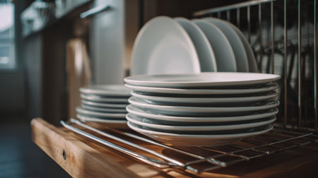 A collection of clean plates rests in a dishwasher, displaying a simple, modern kitchen environment filled with minimal design elements.の素材