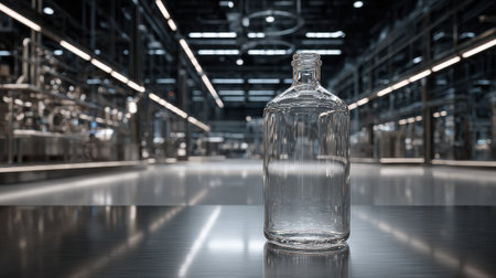 A clear glass bottle stands prominently on a smooth table in a bright industrial studio, showcasing sharp lines and a minimalist design.の素材