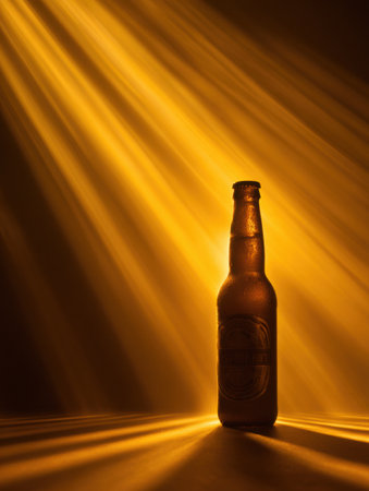 Powerful golden light streams behind a bottle silhouette, highlighting its shape and creating a dynamic visual effect in a dark room.の素材