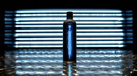 A sleek black bottle stands upright on a reflective surface, illuminated by vertical industrial LED lights in a contemporary space.の素材
