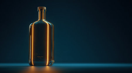 A sleek bottle stands out with glowing golden lines, captured in a dark and moody atmosphere, highlighting its ultra premium design.の素材