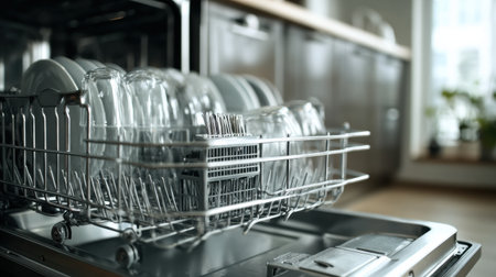 Bright kitchen features an open dishwasher packed with clean dishes, ensuring a neat and organized cooking space for daily useの素材