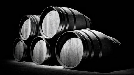 Oak barrels stand prominently in shadows, highlighting their texture and form in an atmospheric cellar setting, evoking a sense of mystery.の素材