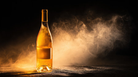 Rich golden tones of a luxury wine bottle are highlighted by soft smoke and dramatic light, creating an elegant scene with dark velvet behind.の素材