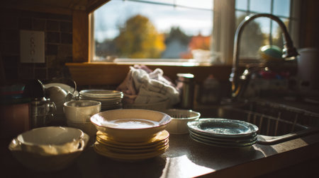 Clean dishes and cups sit neatly near a sink, illuminated by warm sunlight streaming through the window, suggesting a peaceful moment in the kitchen.の素材