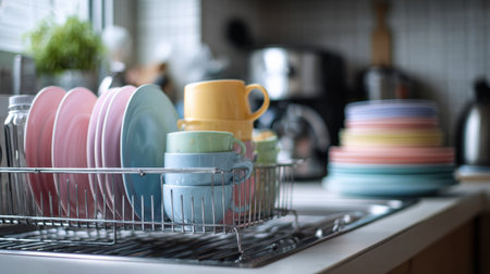 A clean and bright home kitchen features a dish rack filled with washed dishes and colorful plates, promoting a fresh and organized lifestyle.の素材