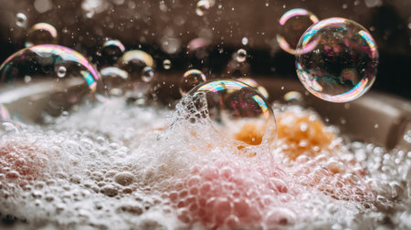 Bubbles and water drops capture light while dishes are being washed by hand in a cozy kitchen setting.の素材