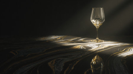 A glass of wine rests on a polished black marble surface, illuminated by soft, glowing reflections that create a cinematic feel.の素材