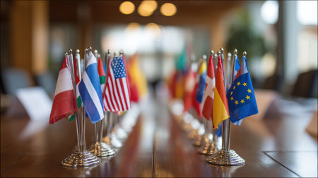Mini flags of various countries arranged on a negotiation table, creating a backdrop for important discussions and diplomatic meetings.の素材