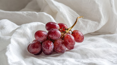 A bunch of ripe red grapes rests on white linen fabric, softly lit by natural light from a nearby window, creating a serene atmosphere.の素材
