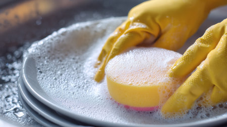 Female hands in yellow gloves clean plates with soap foam in a kitchen sink during a daily cleaning routine.の素材