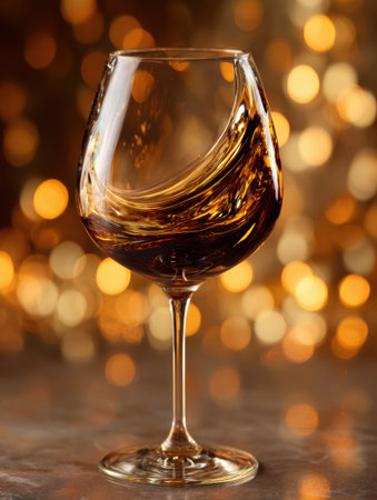 Swirling wine fills a sommelier glass, its golden bokeh backdrop creating a cinematic atmosphere of elegance and luxury.の素材