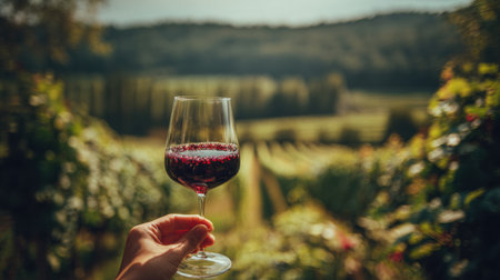 Hand holds a glass of red wine against a blurred vineyard landscape, capturing elegance and relaxation amid natures beauty.の素材