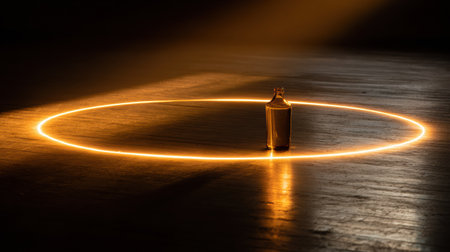 A bottle softly floats in a warm golden circle of light on a dark wooden floor, creating a serene and minimalist atmosphere.の素材