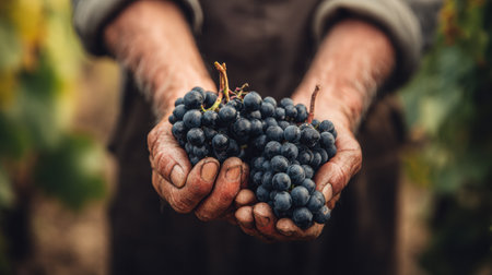 Hands of a farmer holding a ripe cluster of grapes amidst lush vineyard vines on a warm, sunny day.の素材