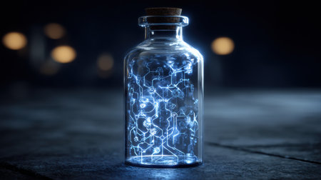 A glass bottle containing luminous data patterns stands on a stone surface, creating a mysterious atmosphere in a sci-fi setting.の素材