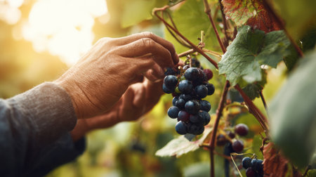 A hand carefully picks ripe grapes from green vineyard vines as the warm sun sets, showing rich colors and textures of fresh fruit.の素材