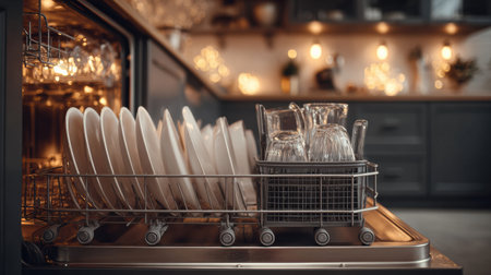 Open dishwasher reveals clean dishes and glassware, highlighting a stylish kitchen with glowing warm light and organized storage.の素材