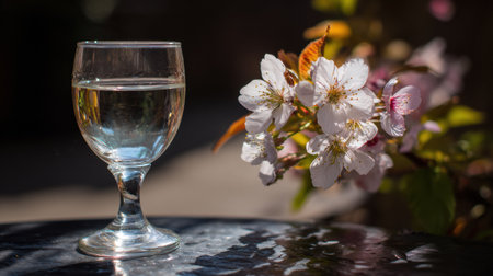 A delicate wine glass holds clear liquid, illuminated by soft light, with blooming sakura flowers adding beauty to the setting.の素材
