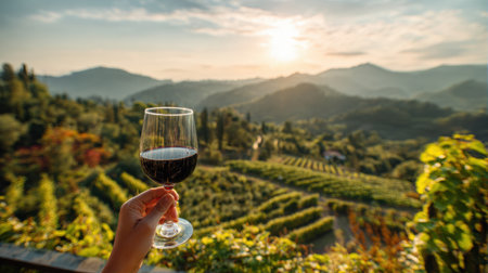 A hand grasps a glass of red wine, set against a blurred vineyard landscape at sunset, capturing elegance and serenity in a perfect moment.の素材