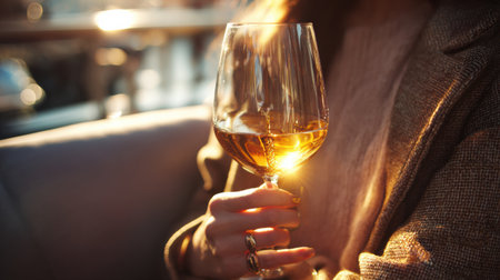 A graceful hand holds a wine glass, bathed in golden light, creating a luxurious atmosphere of indulgence and relaxation.の素材