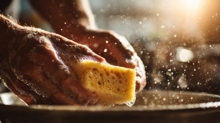 Hands scrub a plate with a yellow sponge, creating soap bubbles as morning sunlight floods the space, enhancing the kitchens warmth.の素材