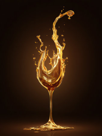 Golden liquid forms a striking silhouette of a wine glass, capturing the moment of fluid movement against a dark backdrop.の素材