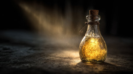 A bottle glows with soft golden mist in a dark scene, adding a mysterious and cinematic effect to the surroundings.の素材