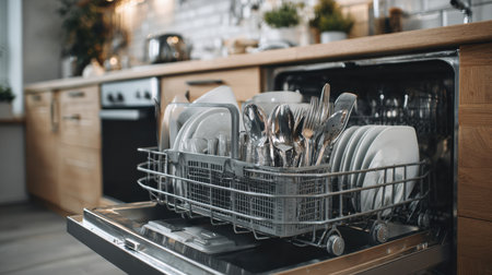 Clean dishes and silverware fill a stylish dishwasher, ready for use after a meal in a warm and inviting kitchen space.の素材