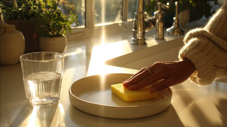 A person uses a sponge to clean a plate in a sunlit kitchen. Morning light fills the room, creating a warm and inviting atmosphere.の素材