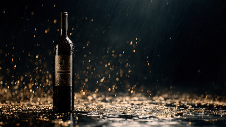 A premium red wine bottle stands elegantly on a glossy black surface, surrounded by floating gold particles, creating a luxurious atmosphere.の素材