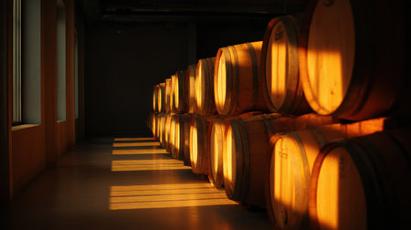 Golden lamps cast warm light over stacked barrels, creating deep shadows in an inviting barrel room that feels peaceful and secluded.の素材
