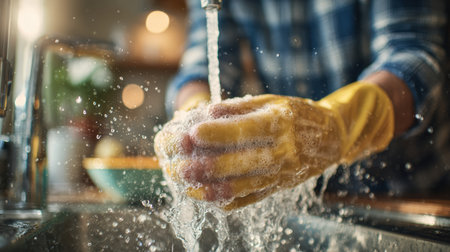 In a cozy kitchen, someone is washing dishes in a sink. Hands are covered in soap foam, with water splashing all around.の素材