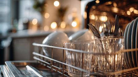 Sparkling clean dishes rest inside a stylish dishwasher, illuminated by warm light reflections, in a contemporary kitchen setting.の素材
