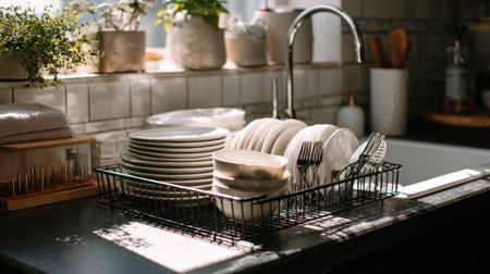 White plates and bowls are drying on a dish rack, illuminated by bright morning light near the kitchen sink.の素材