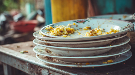 A stack of dirty plates with remnants of food sits on a table, highlighting the necessity for cleaning in a kitchen environment after serving mealsの素材