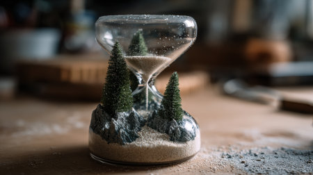 Unique hourglass design features snow falling to create scenic pine trees and hills, blending the themes of time and nature harmoniously.の素材