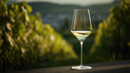 Premium wine glass stands gracefully against a lush vineyard, bathed in warm golden light at sunset, showing its elegance and clarity.の素材