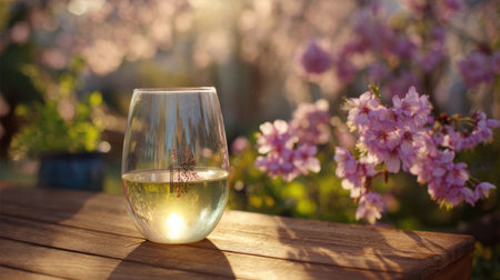 A wine glass sits on a wooden table, illuminated by soft backlight, with blooming sakura flowers in the background during springtime.の素材