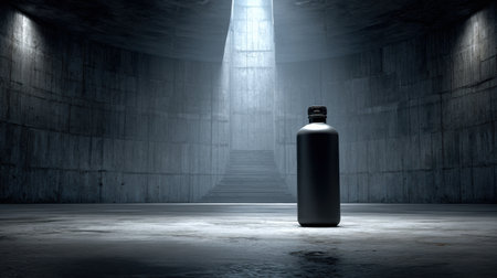 A sleek bottle rests alone on a smooth concrete surface, illuminated by cold industrial lights in a minimalistic setting.の素材