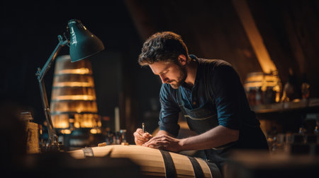 An artisan carefully examines a wooden barrel in a warm, elegant craft atmosphere, lit by a golden spotlight, focused on his work.の素材