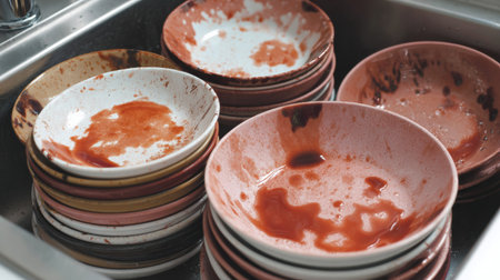 Close-up view of a sink filled with dirty plates stained with tomato sauce and water marks, showing the need for cleaning.の素材