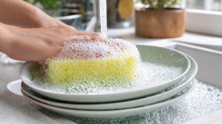 A person cleans plates using a sponge covered in bubbles in a sunny home kitchen filled with light and warmth.の素材