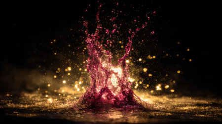 A striking splash of red wine captures the moment it hits the surface, surrounded by shimmering golden highlights in a dim studio.の素材