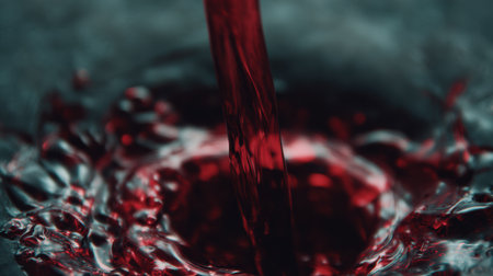 Red wine flows gracefully from the bottle, creating ripples and splashes in a dramatic slow-motion scene with deep contrast.の素材